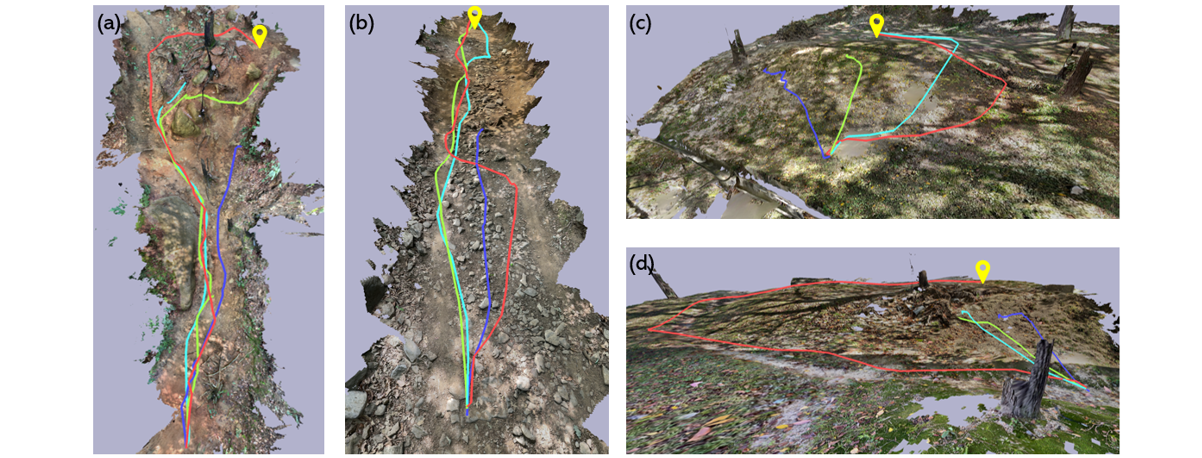 Simulated trajectories on reconstructed mountainous terrain